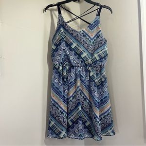 Women’s Fit and Flare Spaghetti Strap Blue Boho Mini Sun Dress Crisscross Back